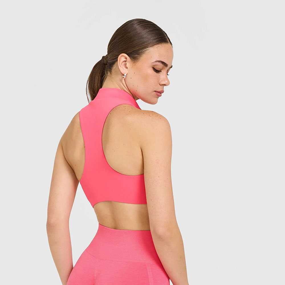 Zip High Neck Sports Bra with White Logo Hot Girl Pink - Image 2