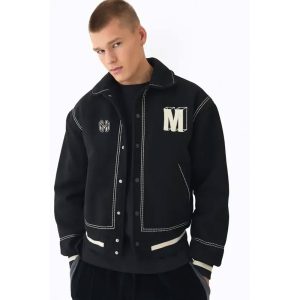 Jackets & Coats Boxy Stitch Detail Melton Varsity Jacket In Black